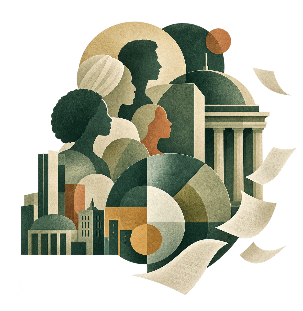 Colagem com pessoas diversas, edifícios públicos e documentos, representando a pluralidade no espaço público